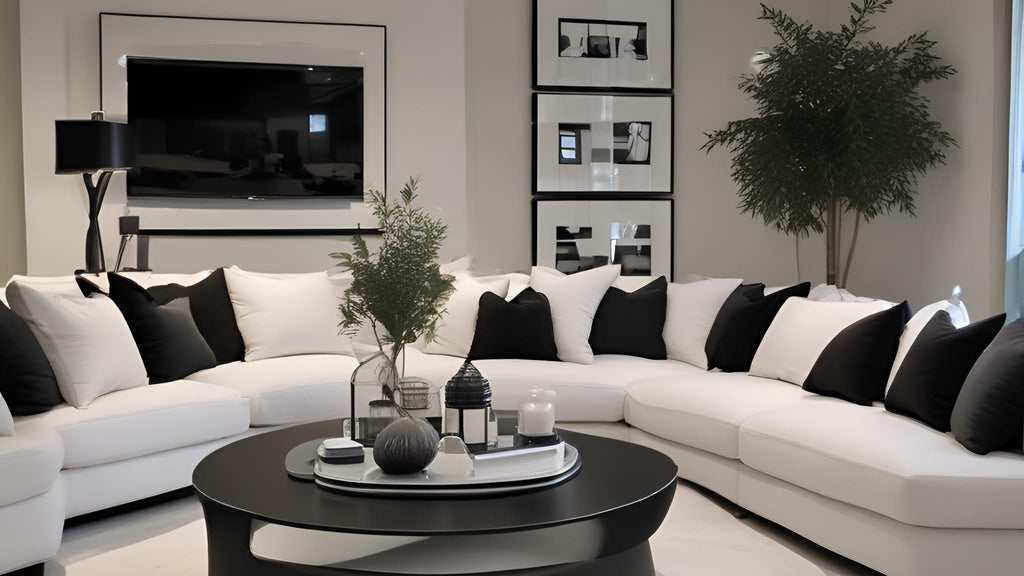 Modern living room with a white sectional sofa, black coffee table, and decorative elements.