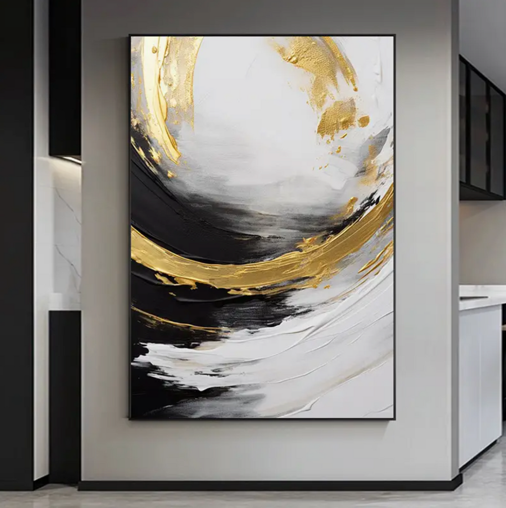 Black, White & Gold Hand Painted Textured Oil Painting on Canvas 2