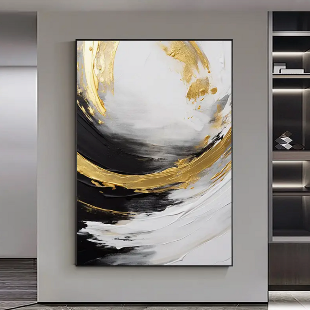 Black, White & Gold Hand Painted Textured Oil Painting on Canvas