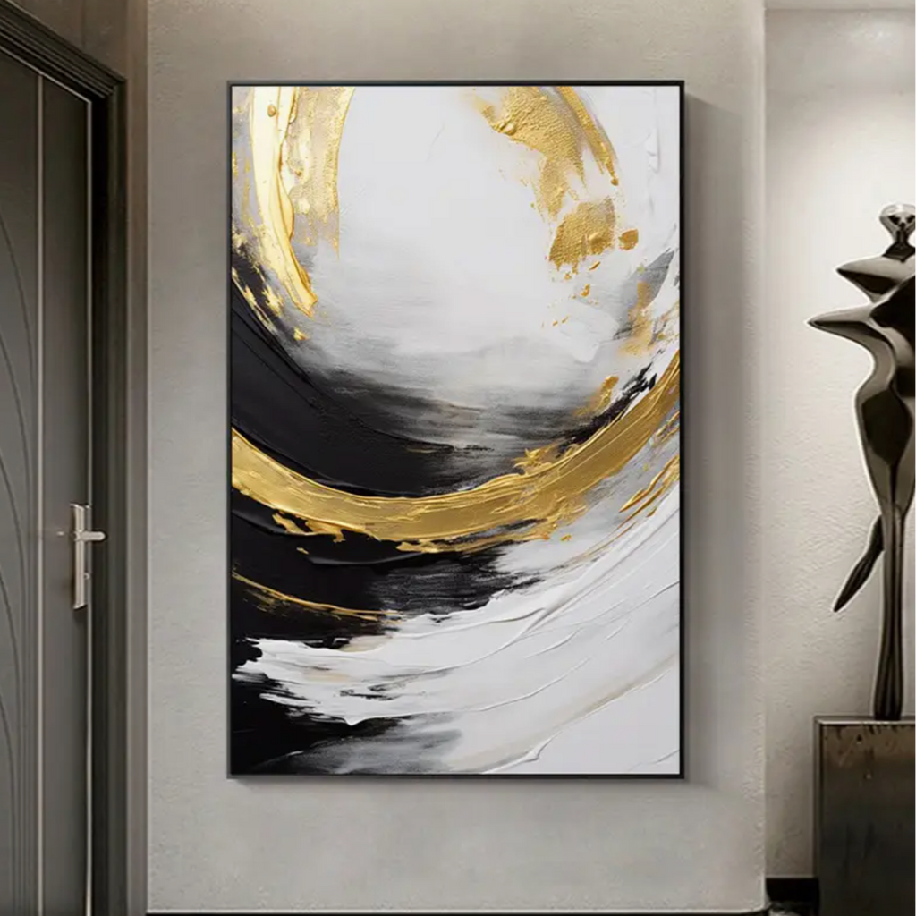 Black, White & Gold Hand Painted Textured Oil Painting on Canvas