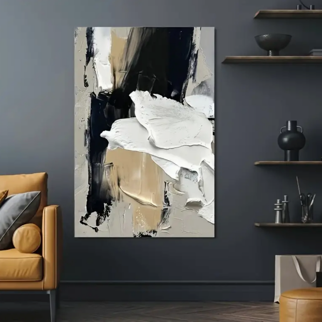 Black, White & Tan Textured Abstract Oil Painting on Canvas Camden and Co