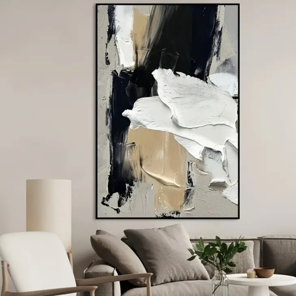 Black, White & Tan Textured Abstract Oil Painting on Canvas 2