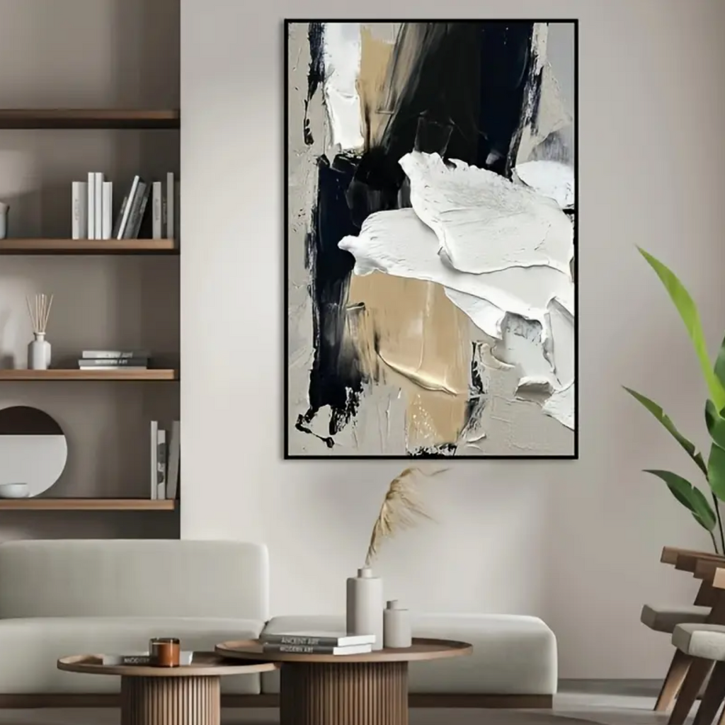 Black, White & Tan Textured Abstract Oil Painting on Canvas