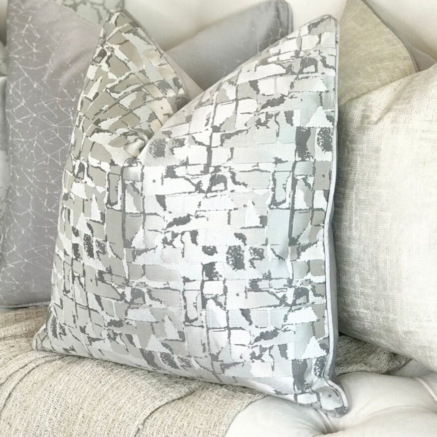 Mia Grey and Silver Distressed Geometric Luxury Cushion Camden and Co