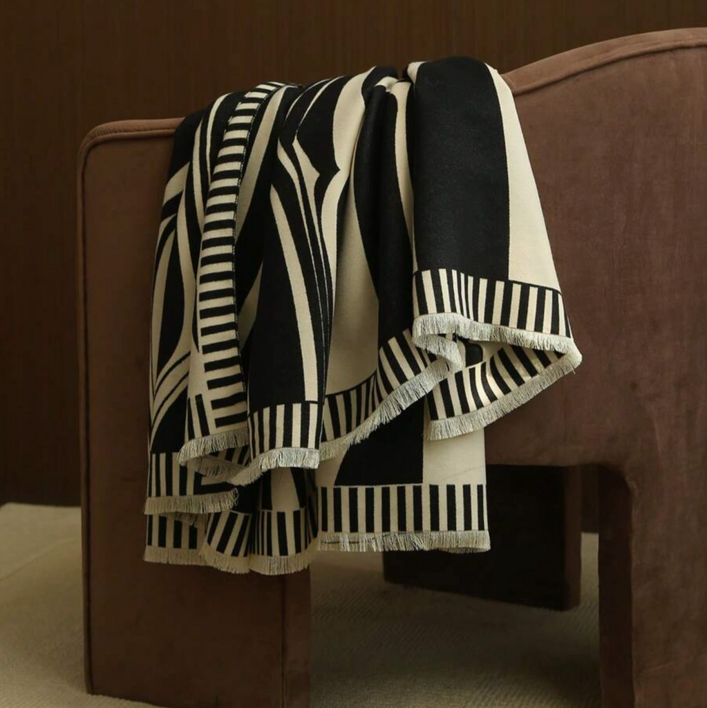 Finsbury Luxury Black and Cream Abstract Throw Blanket Camden 3