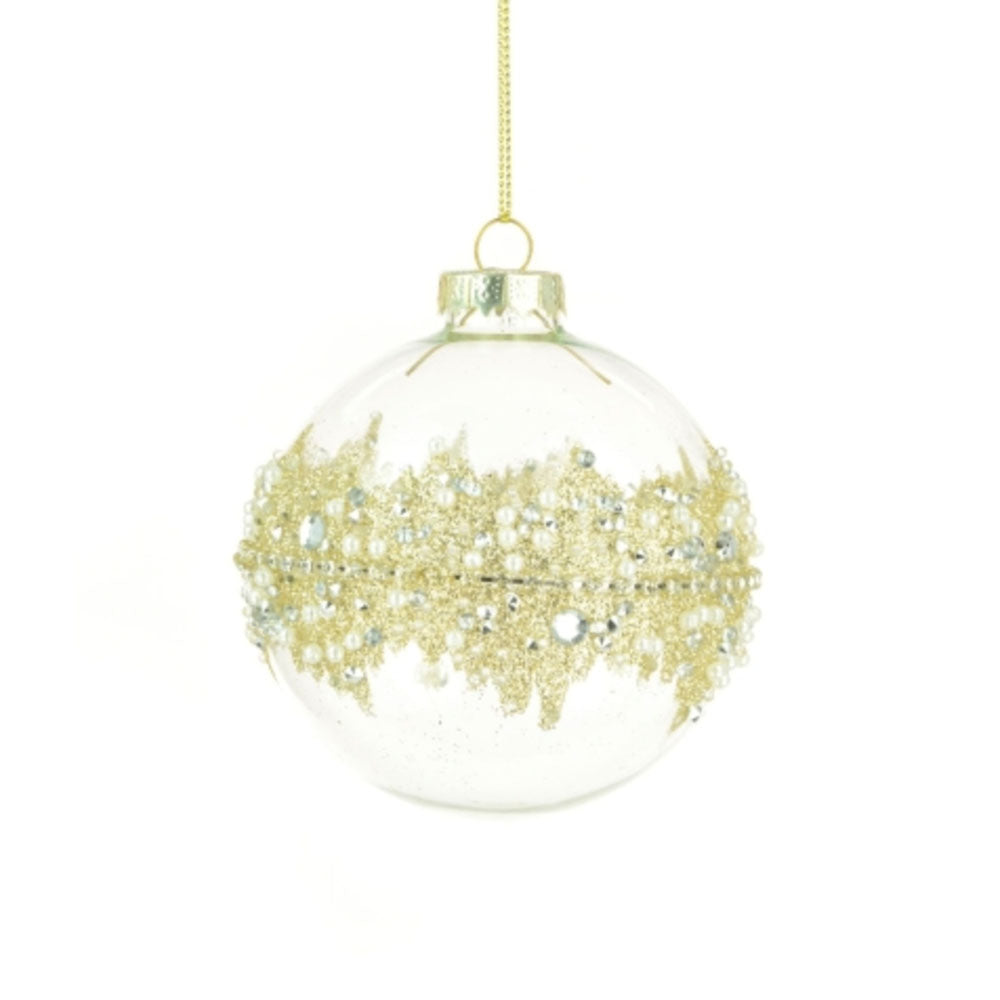 Gold Glitter Beaded Glass Christmas Bauble - 8cm Camden and Co