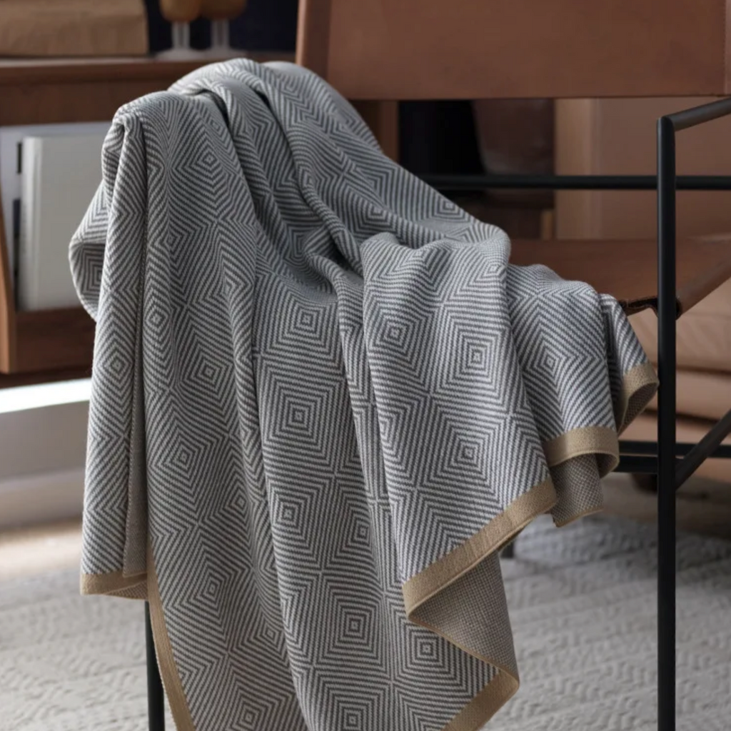 Kensington Grey and Camel Geometric Luxury Throw Blanket Camden and Co