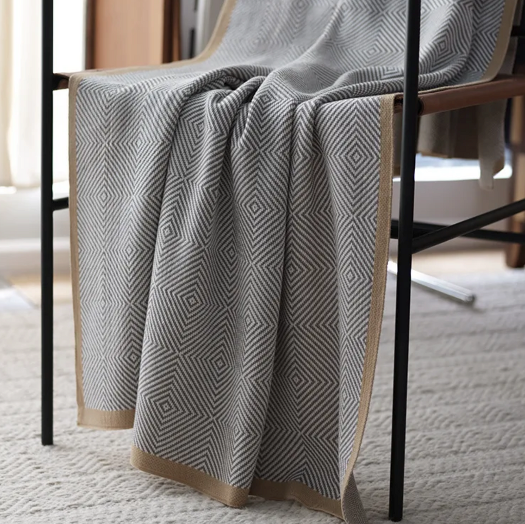 Kensington Grey and Camel Geometric Luxury Throw Blanket Camden and Co