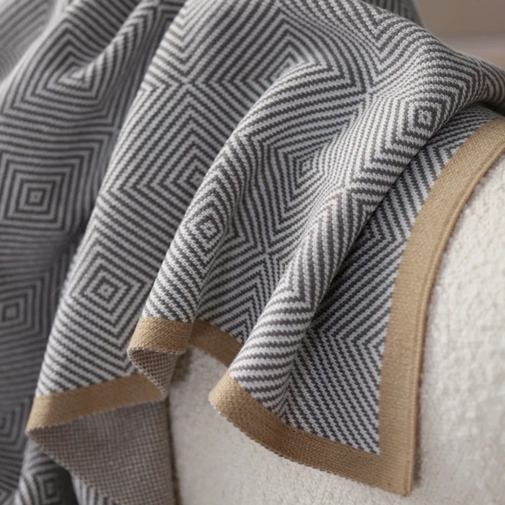 Kensington Grey and Camel Geometric Luxury Throw Blanket Camden and Co