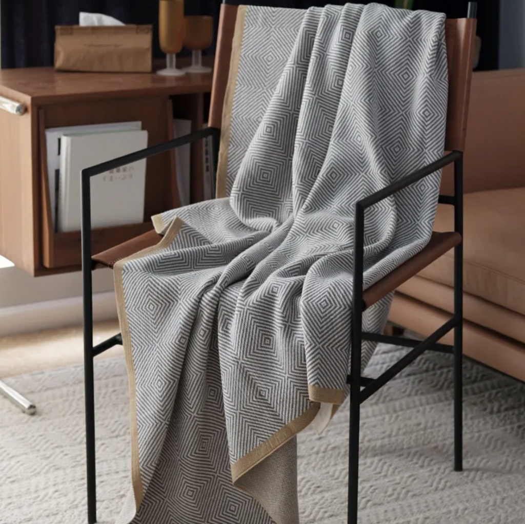 Kensington Grey and Camel Geometric Luxury Throw Blanket Camden and Co