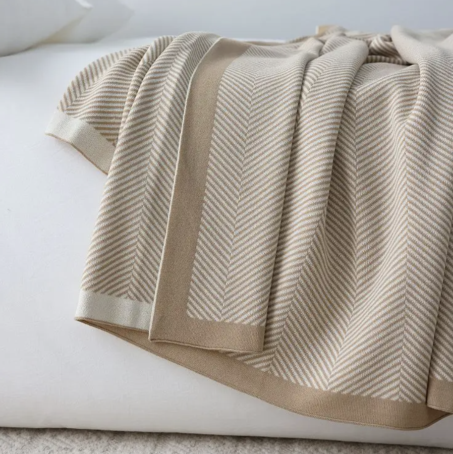 Ascot Luxury Beige and Camel Herringbone Throw Blanket