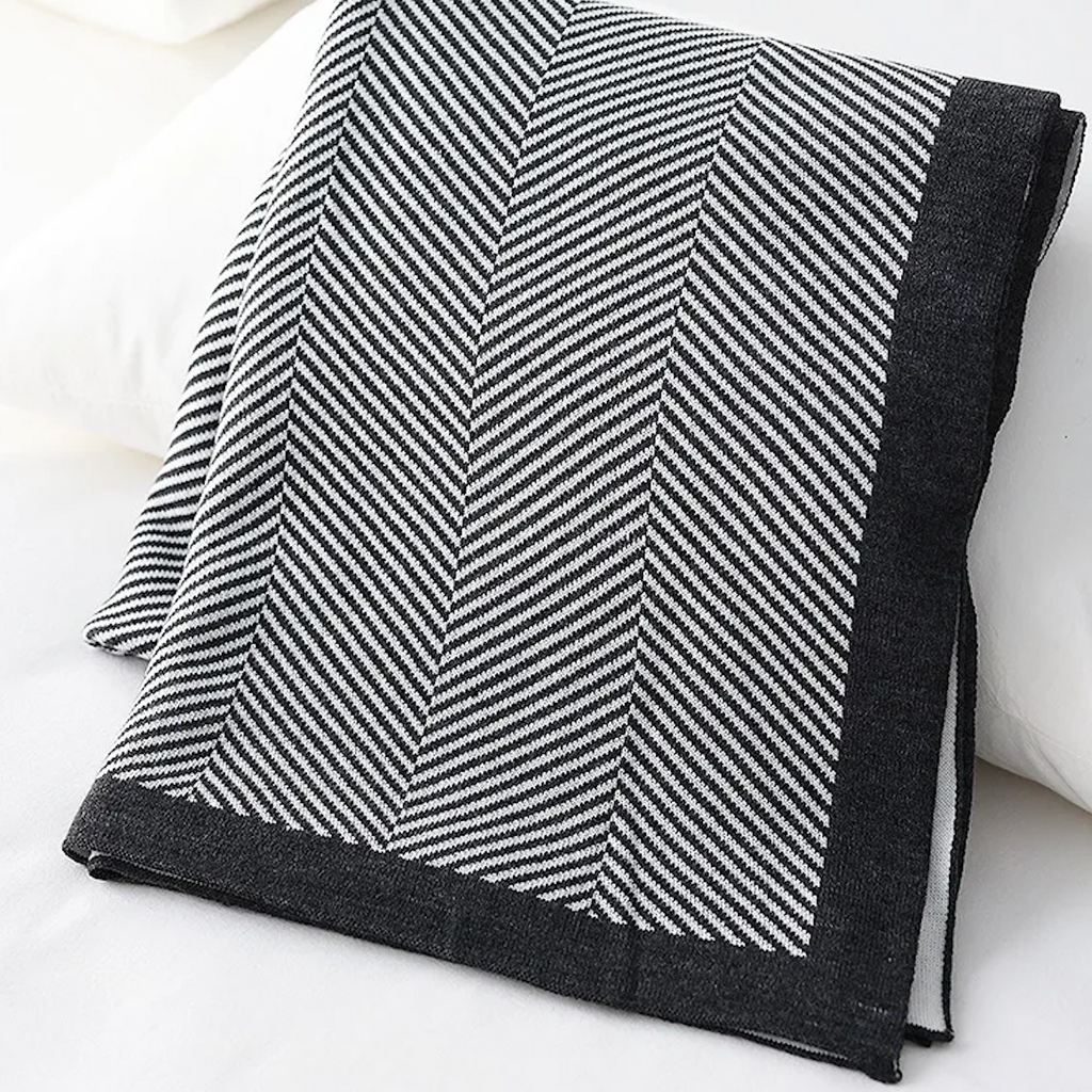 Luxury Black and White Monochrome Herringbone Throw Designer Dupe Blanket by Camden and Co Home