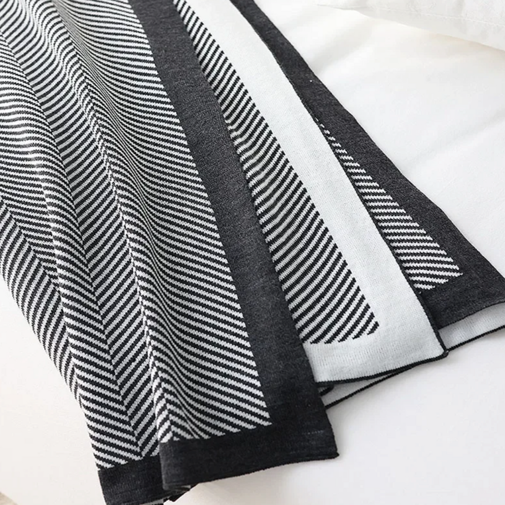 Luxury Black and White Monochrome Herringbone Throw Designer Dupe Blanket by Camden and Co Home