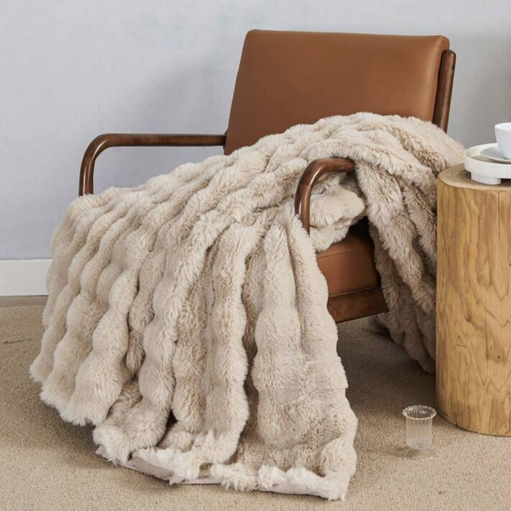 Nikita Plush Beige Faux Fur Luxury Throw Blanket Cosy and Warm | Camden and Co