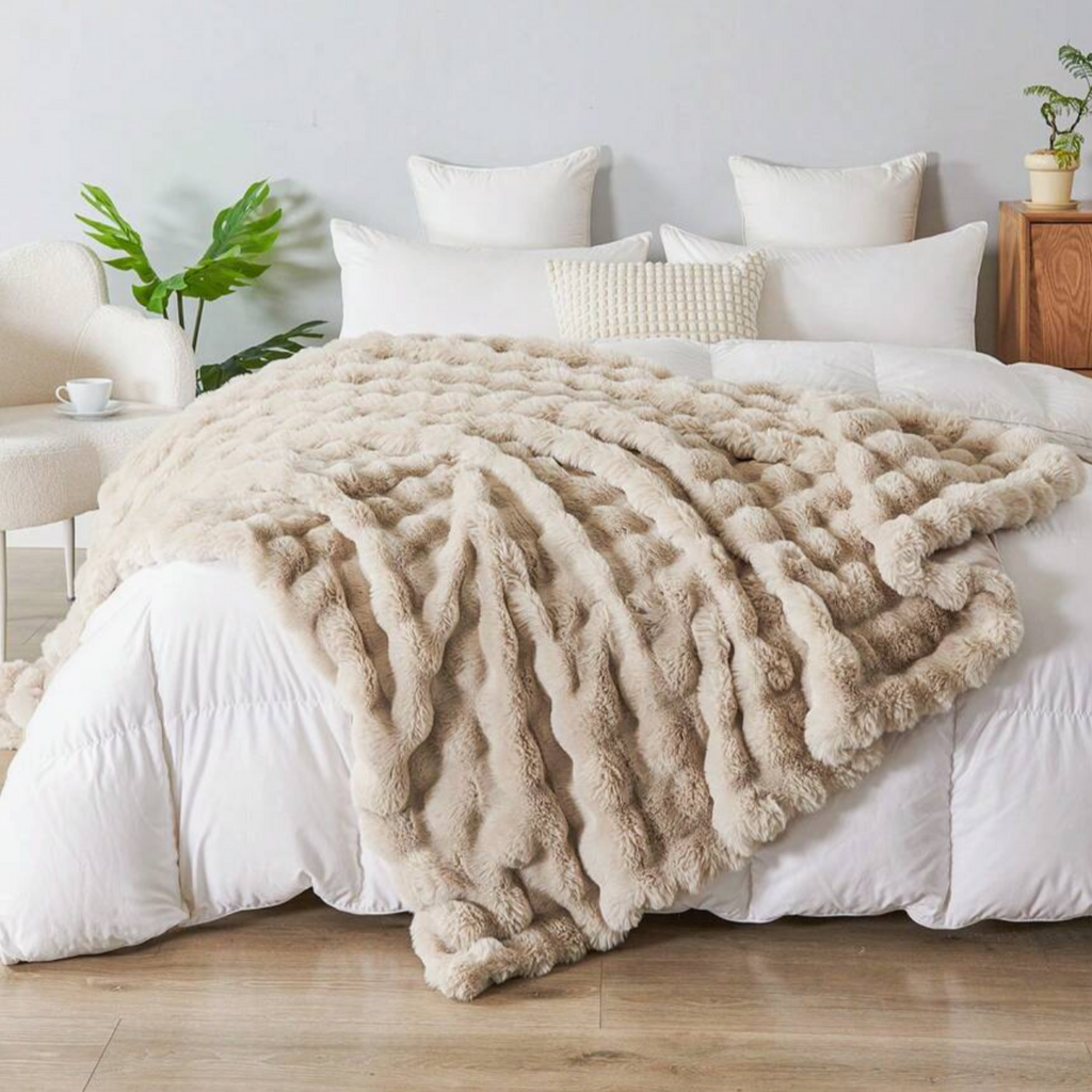 Nikita Plush Beige Faux Fur Luxury Throw Blanket Cosy and Warm | Camden and Co