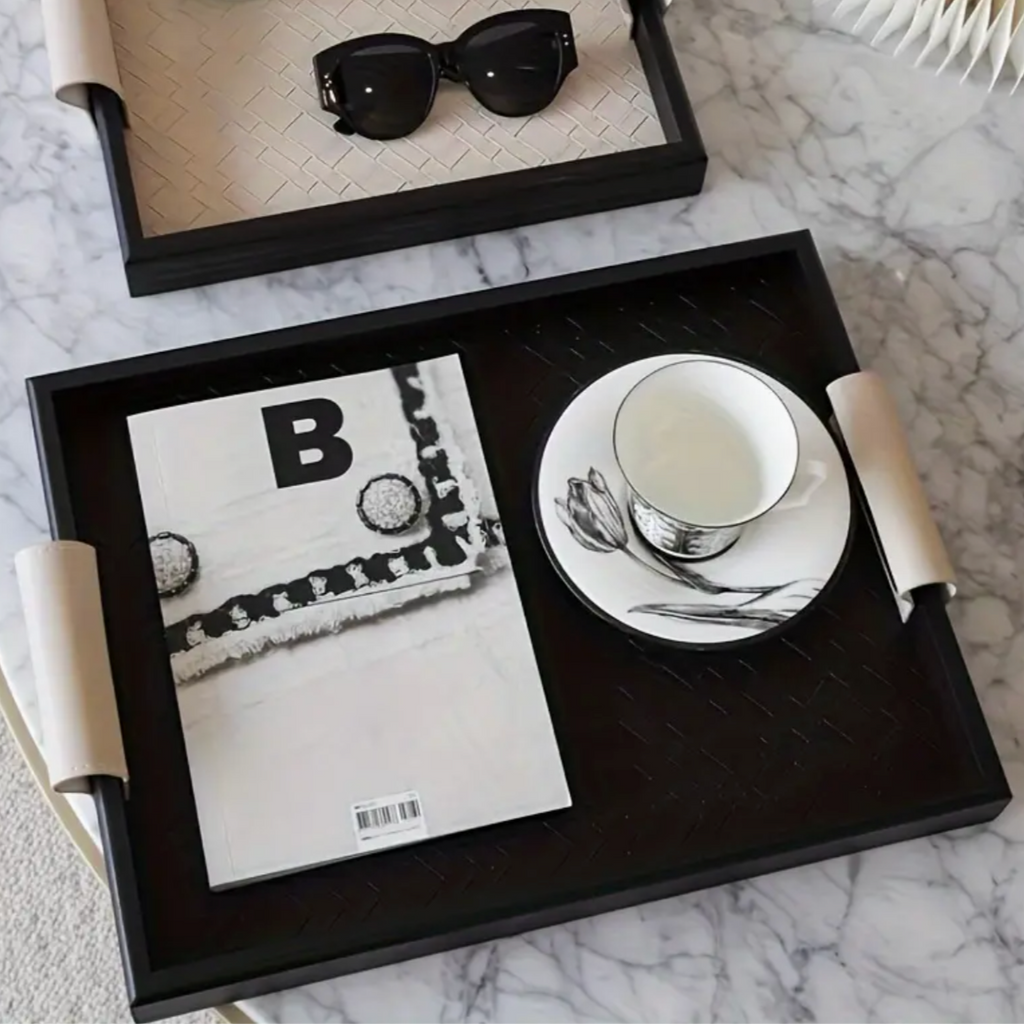 Raven Black and Taupe Leather and Wood Coffee Table Tray