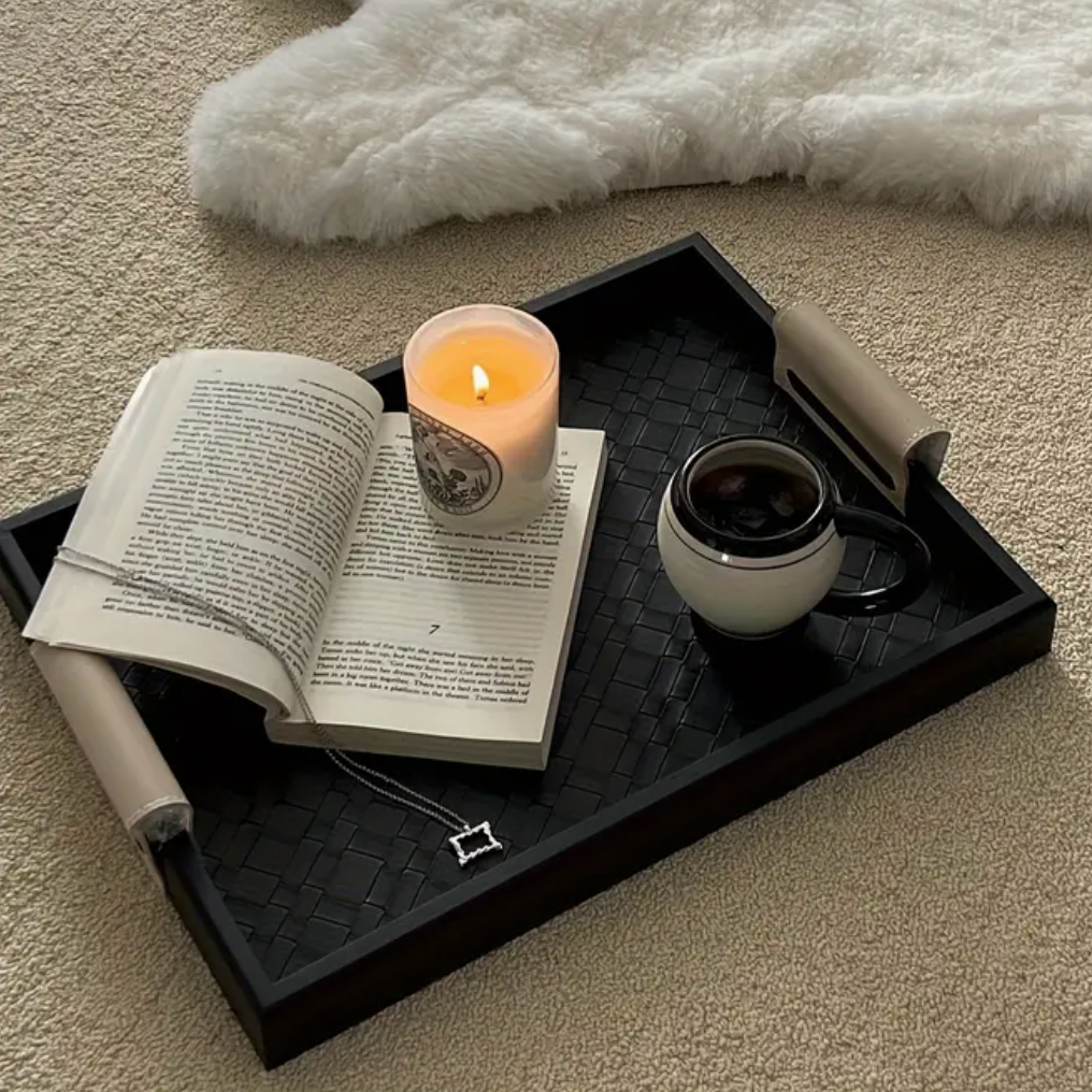 Raven Black and Taupe Leather and Wood Coffee Table Tray