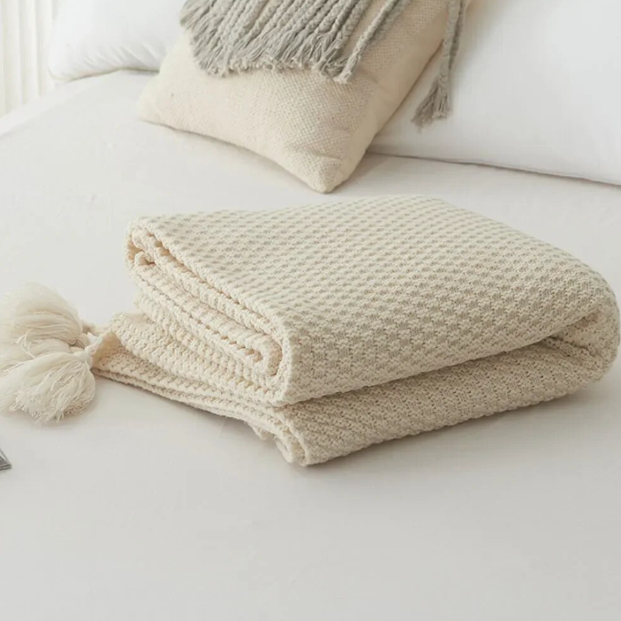 Nina Cream Fine Knit Tassel Throw Blanket - Main Image