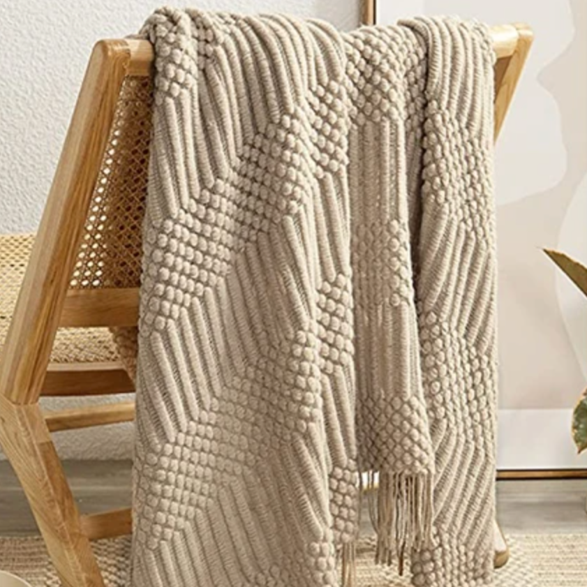 Beige Pattern Knit Tassel Throw Blanket by Camden and co Home