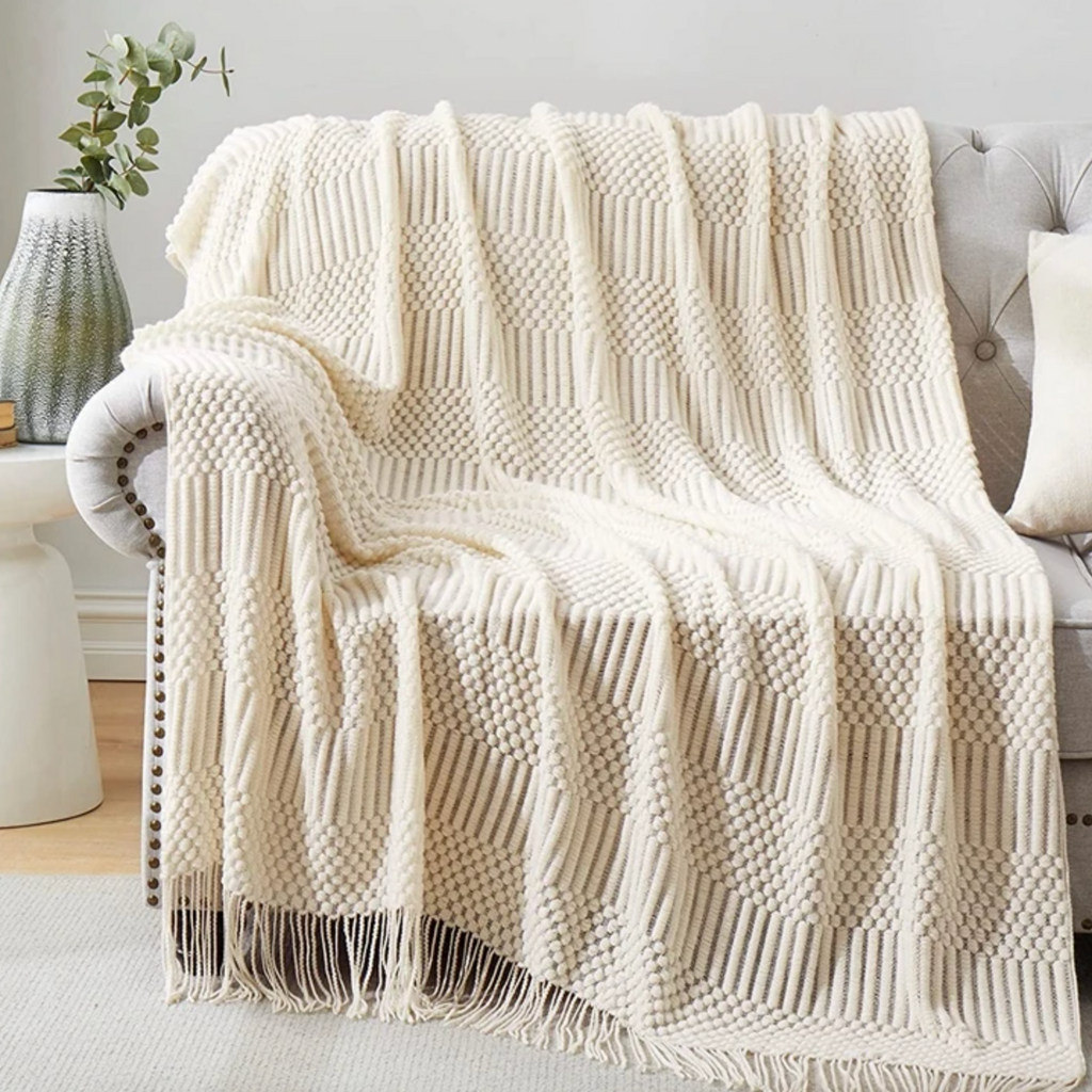 Beige Pattern Knit Tassel Throw Blanket by Camden and co Home
