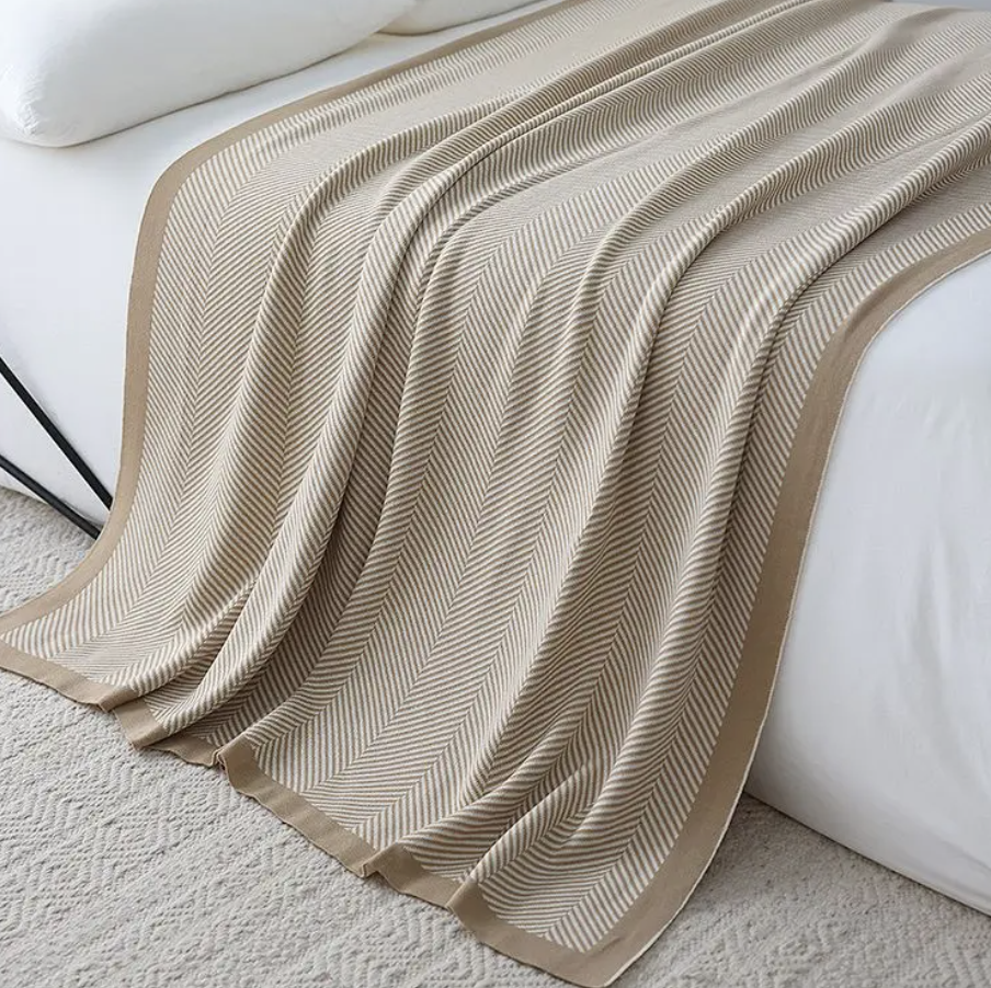 Ascot Luxury Beige and Camel Herringbone Throw Blanket