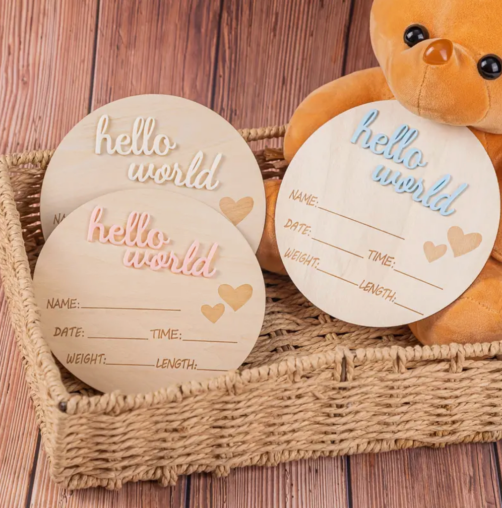 Personalised hello world baby plaques