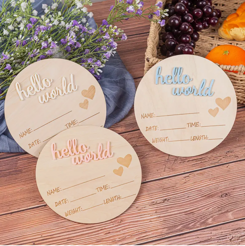 Blue, white, pink wooden personalised baby plaques