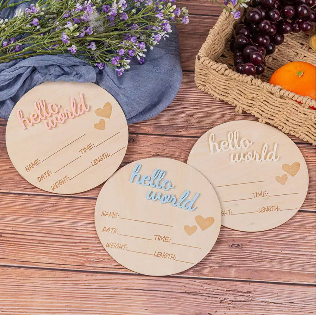 Pink, blue and white wooden baby plaques