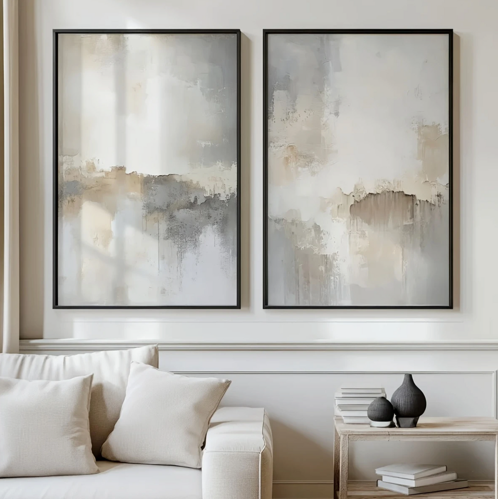 Set of 2 Grey, Beige and Cream Abstract Modern Art Prints Camden and Co