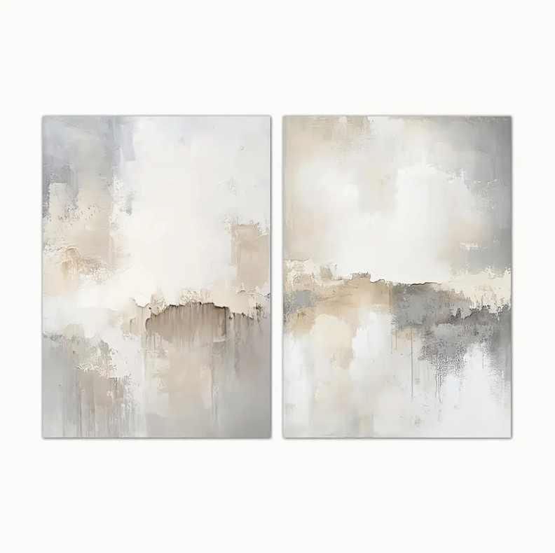 Set of 2 Grey, Beige and Cream Abstract Modern Art Prints Camden and Co