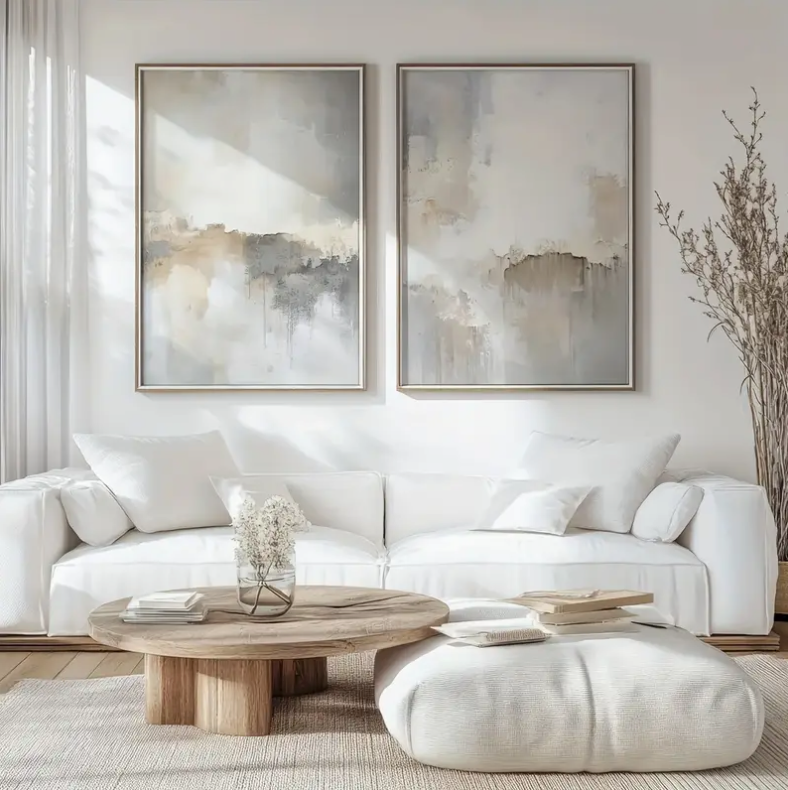 Set of 2 Grey, Beige and Cream Abstract Modern Art Prints Camden and Co