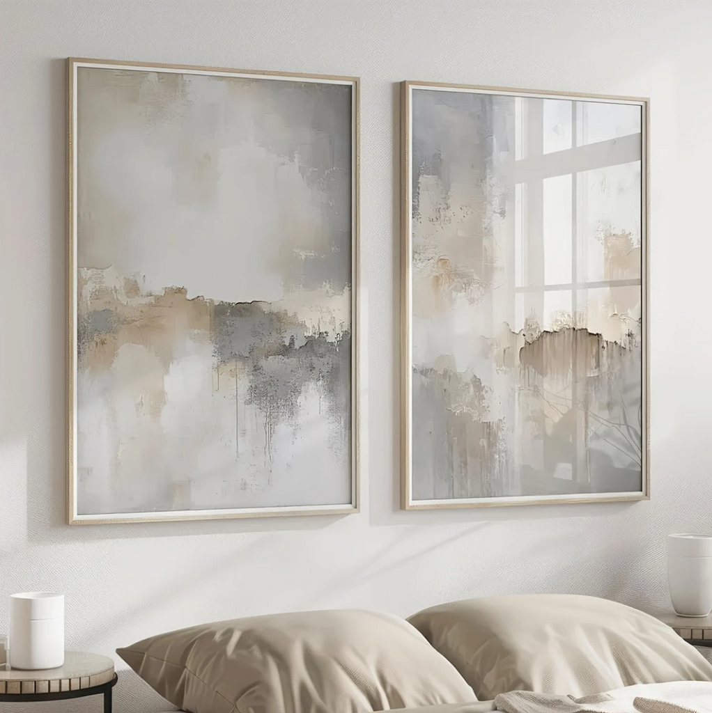 Set of 2 Grey, Beige and Cream Abstract Modern Art Prints Camden and Co