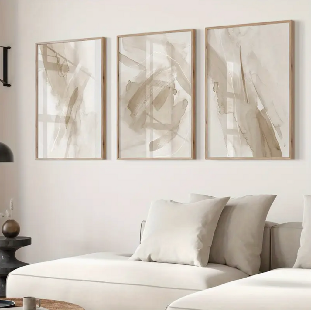 Set of 3 Ezra Abstract Modern Neutral Cream and Beige Wall Art Prints Camden and Co Home