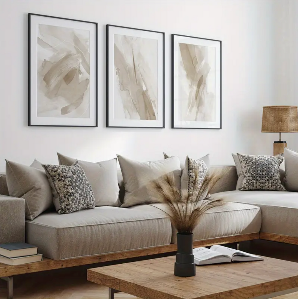 Set of 3 Ezra Abstract Modern Neutral Cream and Beige Wall Art Prints Camden and Co Home