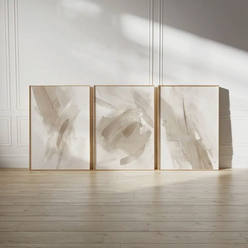 Set of 3 Ezra Abstract Modern Neutral Cream and Beige Wall Art Prints Camden and Co Home