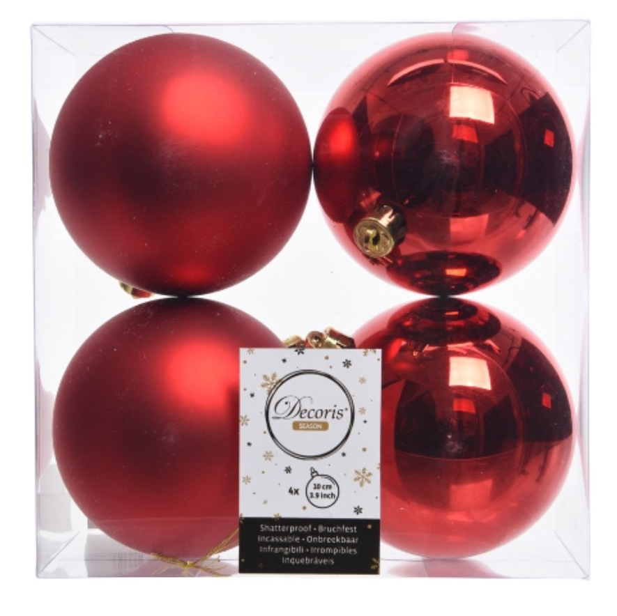 Set of 4: Large Red Shatterproof Luxury Christmas Baubles - 10cm