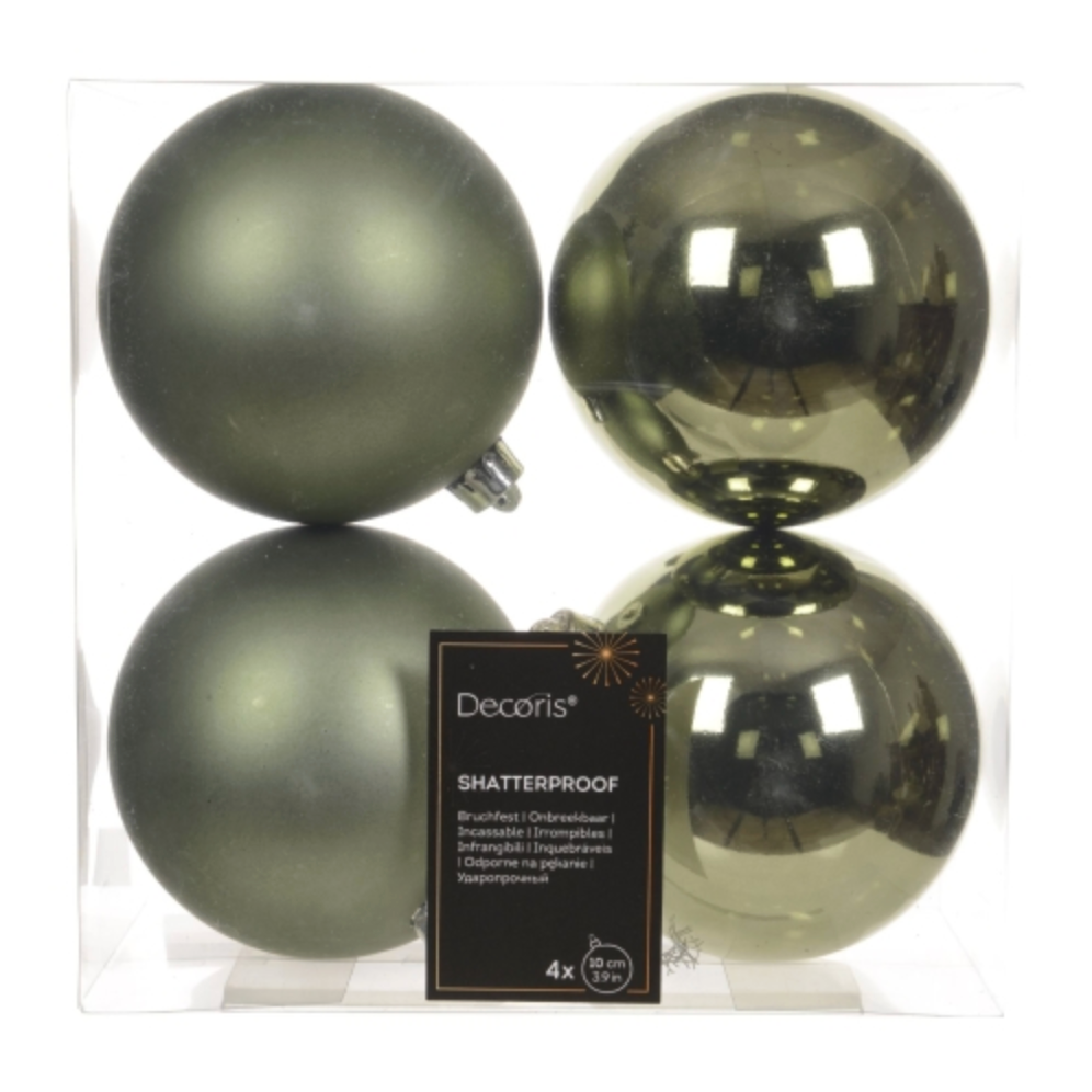 Set of 4: Large Sage Green Shatterproof Luxury Christmas Baubles - 10cm