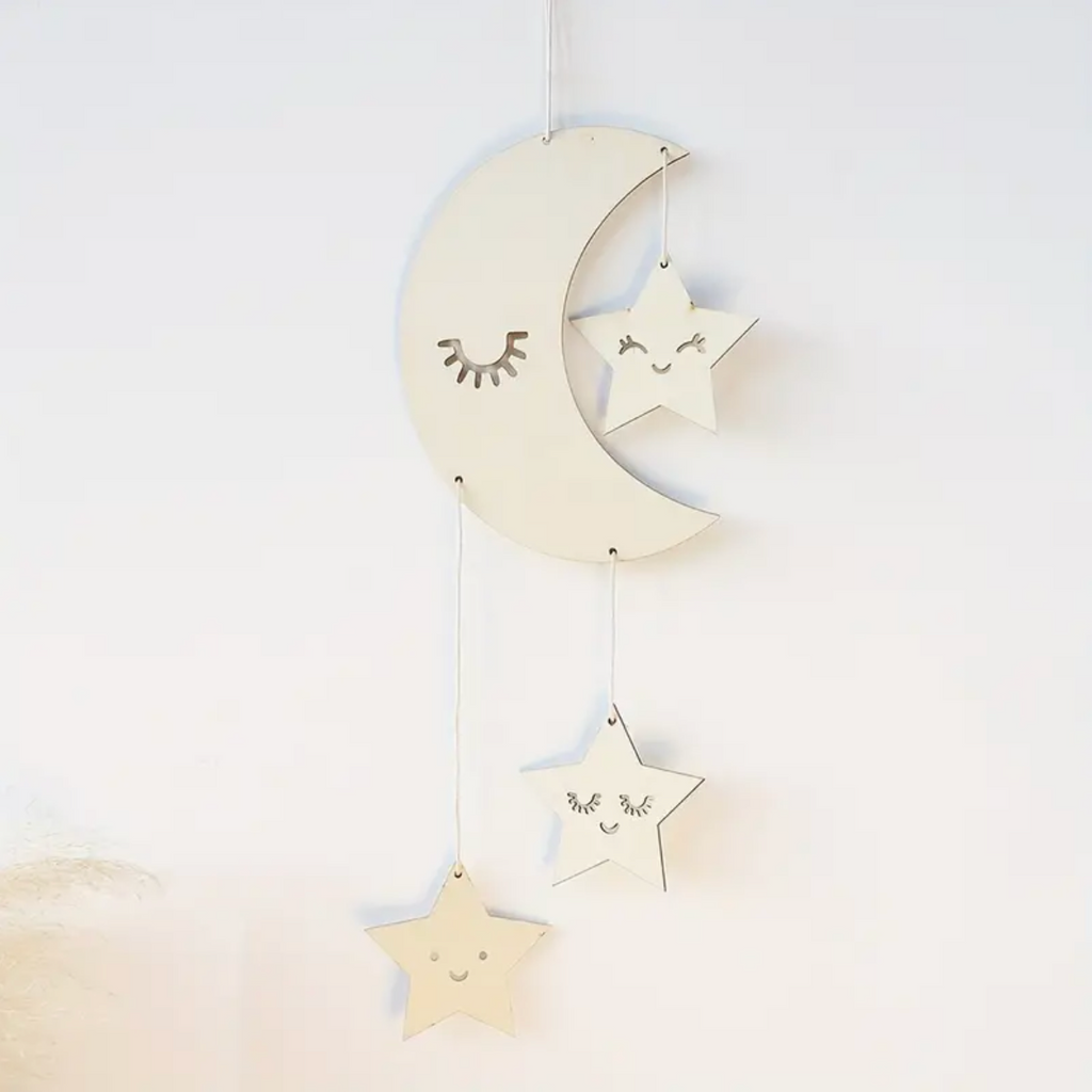 To The Moon And Stars Wooden Hanging Wall Decoration by Petite Lumiere
