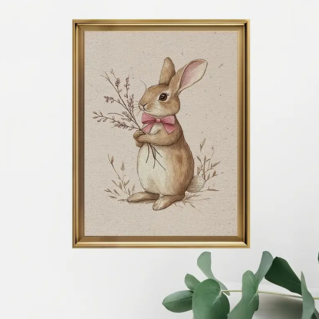 Vintage Inspired Baby Bunny With Flowers Nursery Wall Art Print
